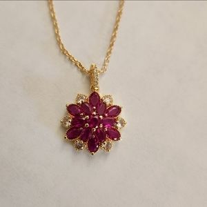 New 18K Gold Plated Ruby Diamond Flower Necklace Pendant  & Chain for Wo…